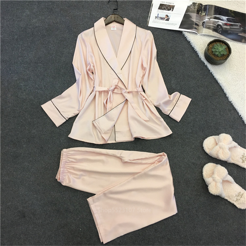 

20212021 satin silk pajamas sets for women suit pink home sleepwear night long sleeve loungewear 2pcs clothing pant, Black;red