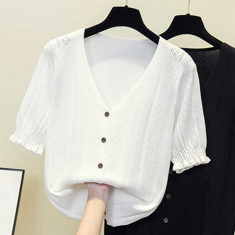 

Women Summer Oversized Sweaters Button V-Neck short Sleeve Pockets Female Fall Clothes Casual Cardigan Sweaters 210604, Black