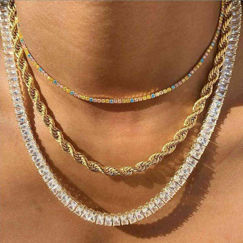 

New Iced Out Bling AAA Zircon 1 Row Tennis Chain Necklace 4*8MM Baguette Cubic Zirconia Chain Choker Women Men Hip hop Jewelry X0509