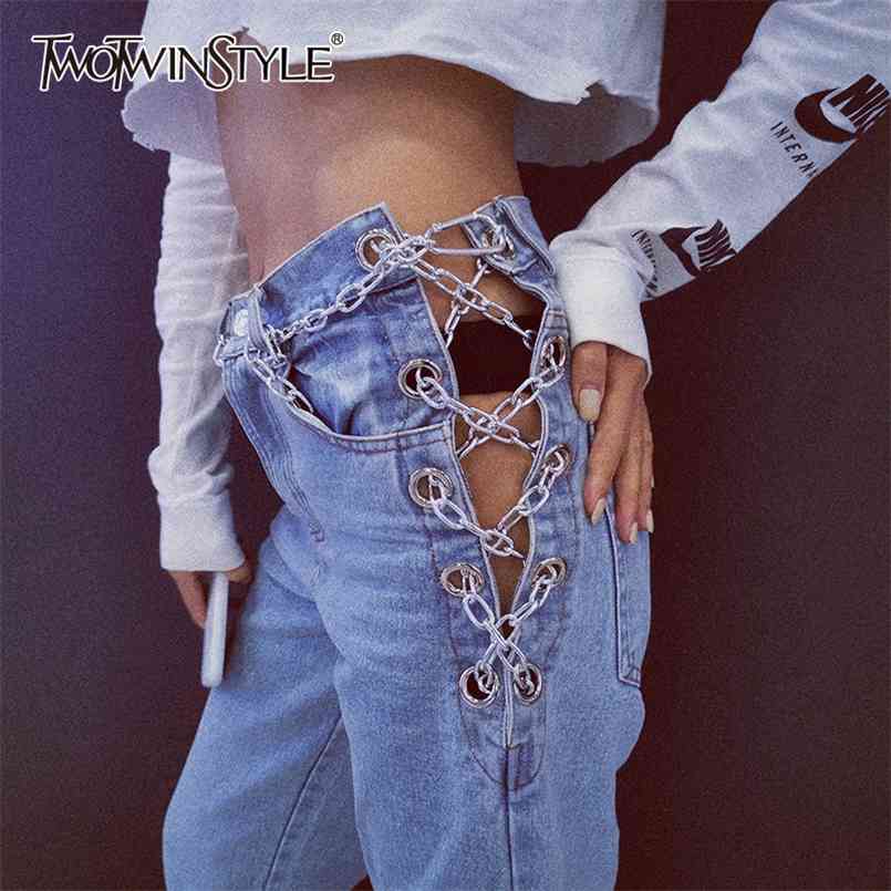 

Casual Full Length Pants High Wiast Patchwork Chains Hit Color Straight Vintage Jeans For Female Clothing Fashion 210521, Blue