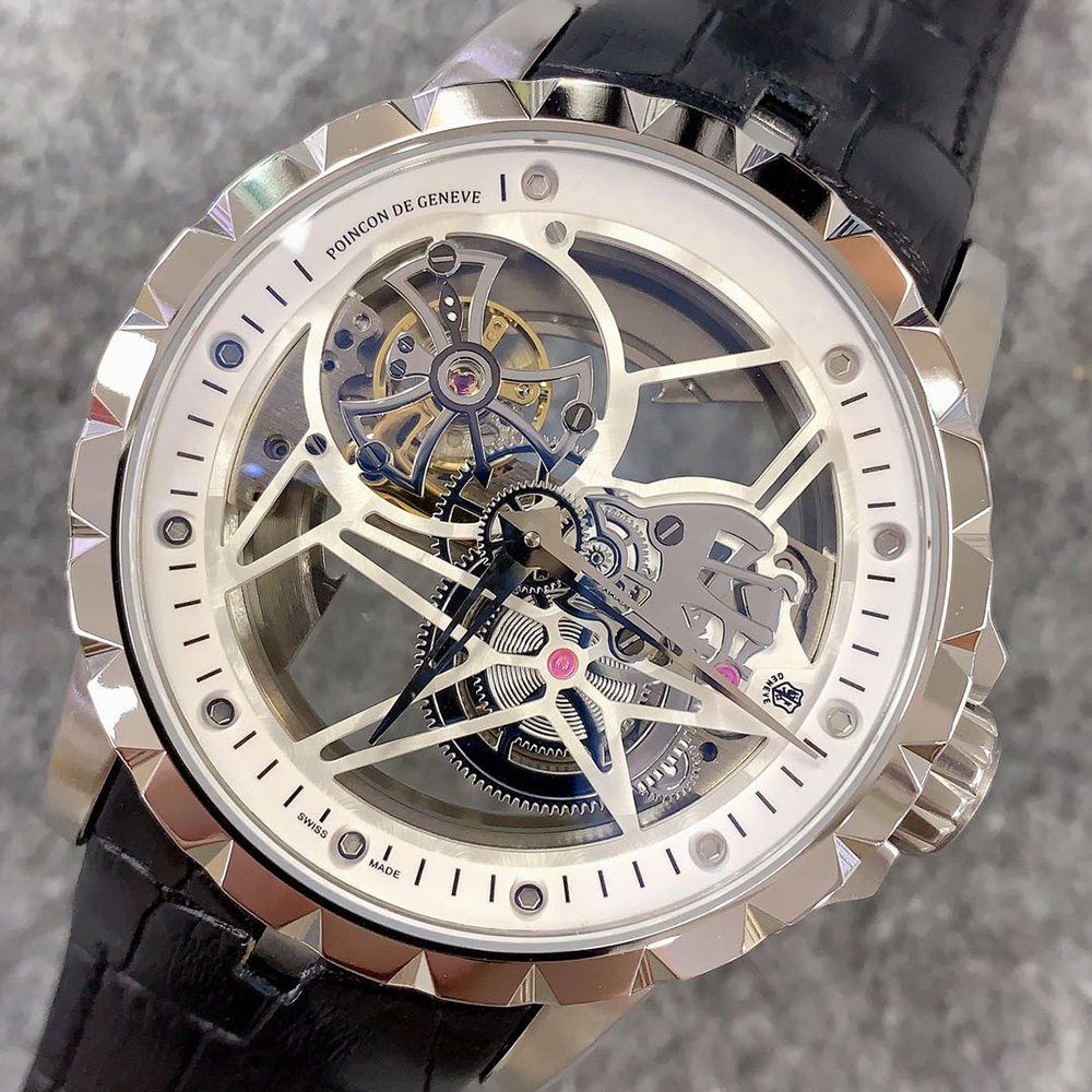 

Mens watches mechanical automatic movement hollow clear back men watch leather strap excalibur 42mm stainless steel case waterproof montre de luxe