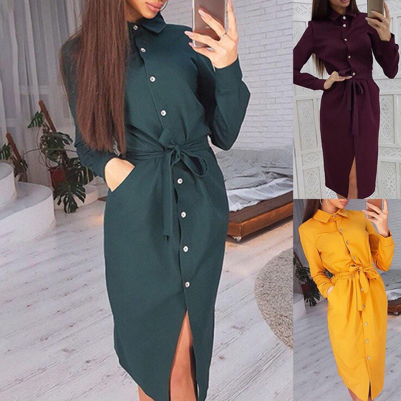 

Casual Dresses Woman Clothing Women Long Sleeve Turn Down Collar Belt Single-breasted Knee-length Shirt Dress 2XL, Black;gray