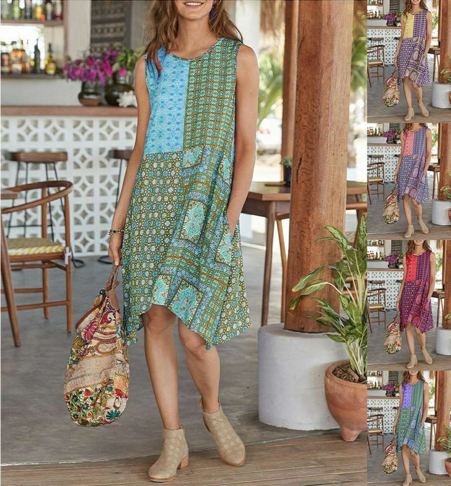 

Summer fashion Boho round neck dress with Floral Cotton Blend, Black;gray