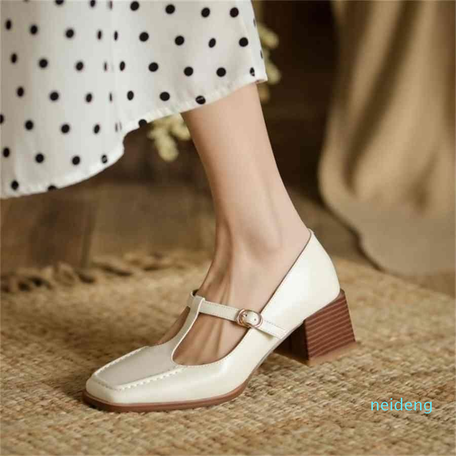 

2021 Women Shoes Soft Heel Mary Jane Single Shoes Square Toe and Chunky Heel Pumps  CM Shoes Plus Size 34-43, Creamy-white