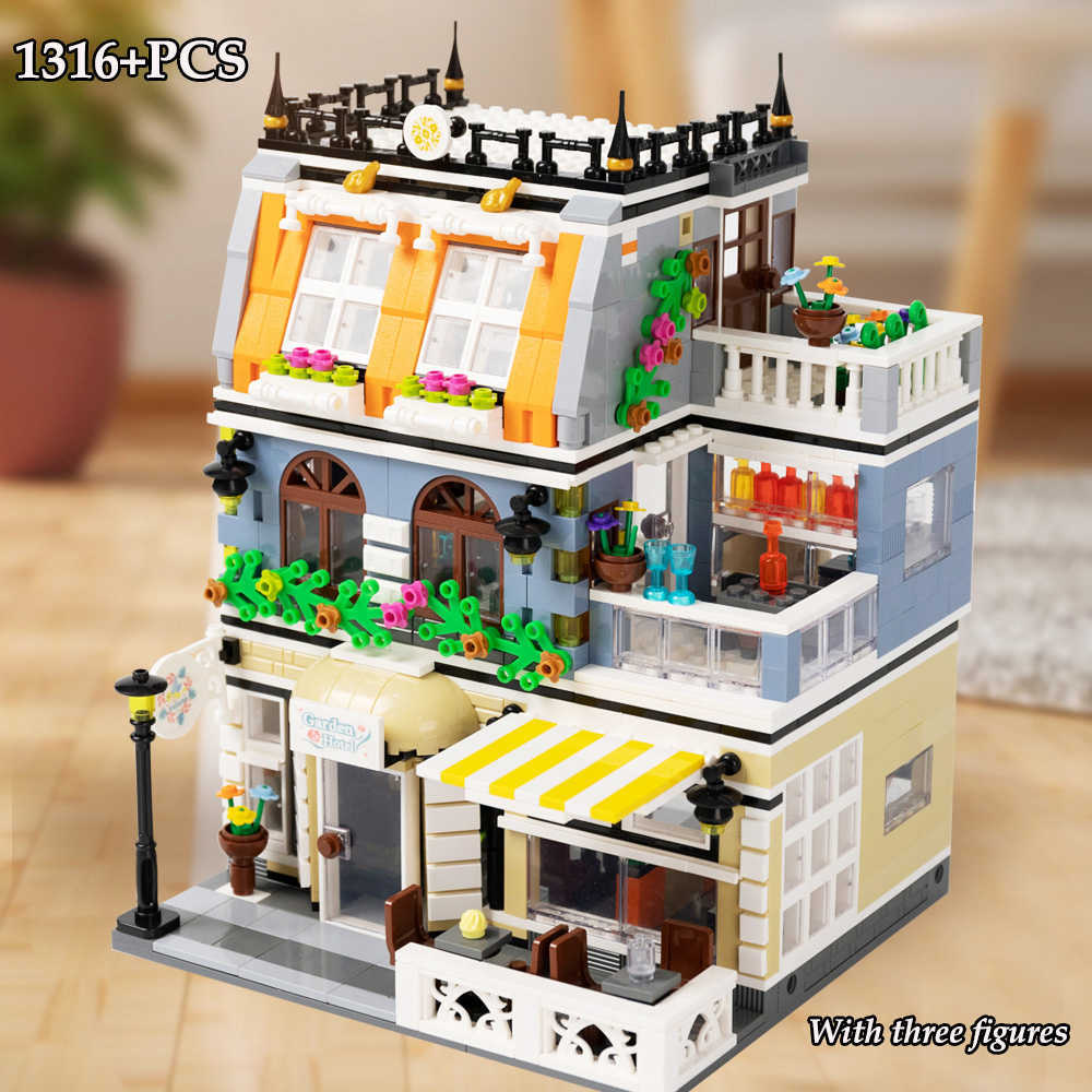 

MOC Garden Hotel Model City Streetview Architectural Building Blocks DIY Cafe Restaurant Street View Bricks Toys For Children Y0808