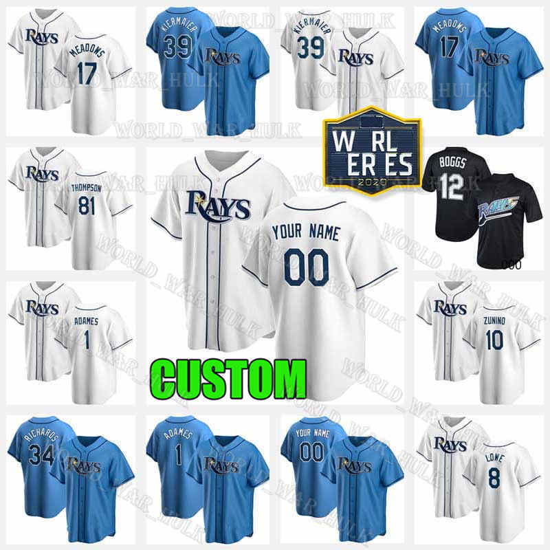 

Tampa Bay Custom Rays Jersey 39 Kevin Kiermaier 12 Wade Boggs 10 Mike Zunino 81 Ryan Thompson 20 Tyler Glasnow 1 Willy Adames Mens, Blue;black