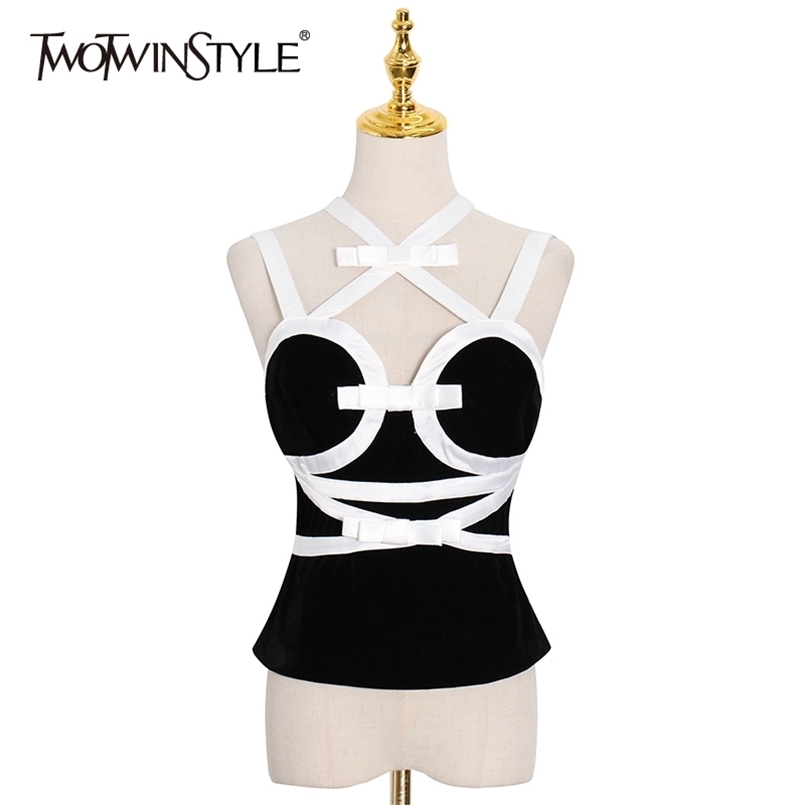 

Slim Hit Color Patchwork Bowknot Vest For Women Sleeveless Velour Sexy Tank Tops Female Fashion Clothing 210524, Black
