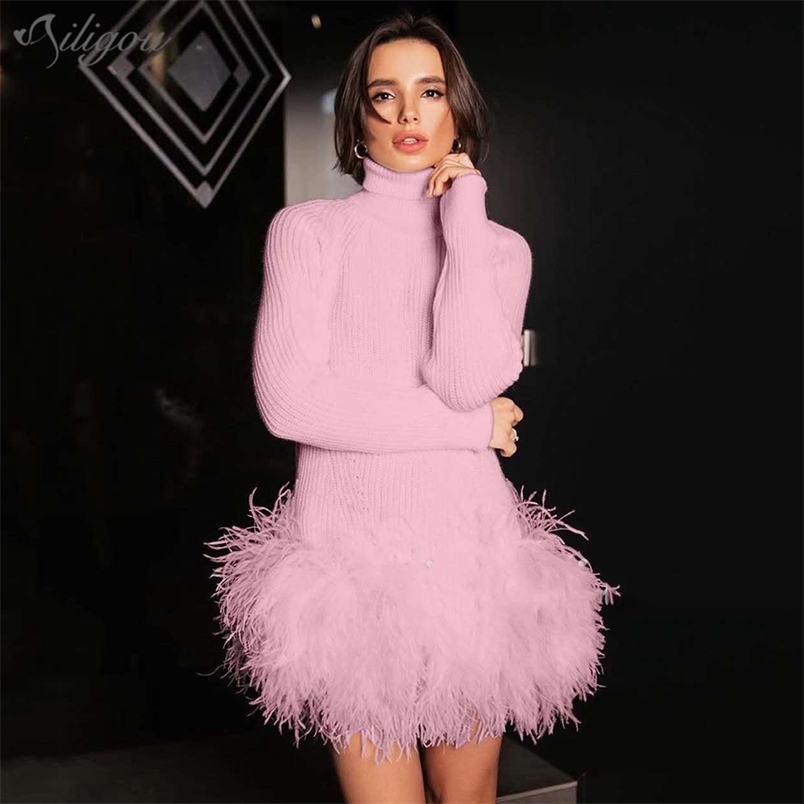 

Ladies Summer Fashion Sweater Turtleneck Dress Feather Patchwork Long Sleeve Skinny Elegant Knit Sexy Mini 210525, Khaki