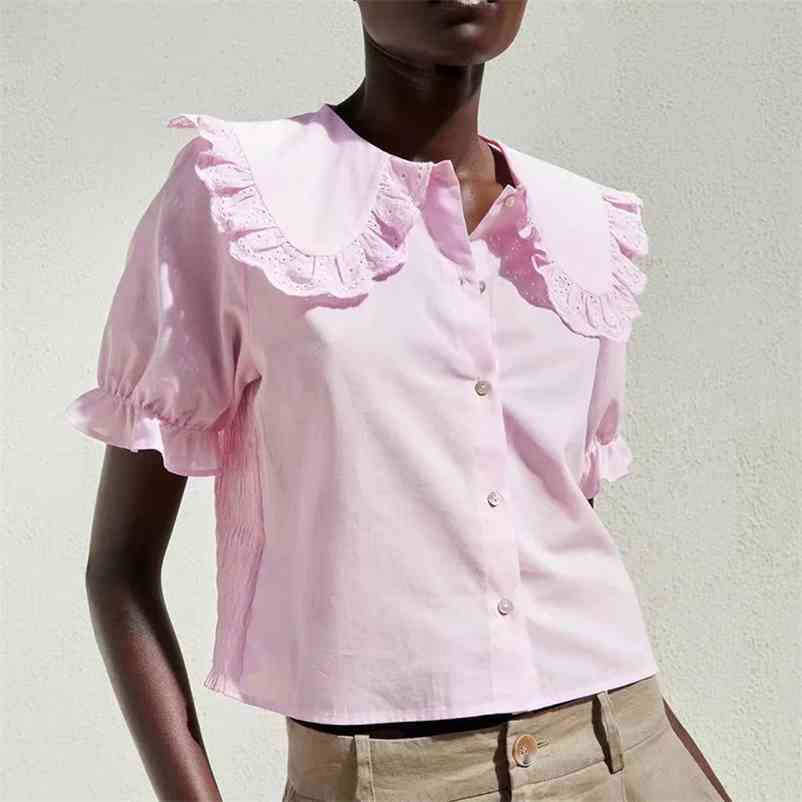 

Women Pink blouse shirts turn down collar ruffled short sleeve single buttons shirt high quality summer tops clothing 210524