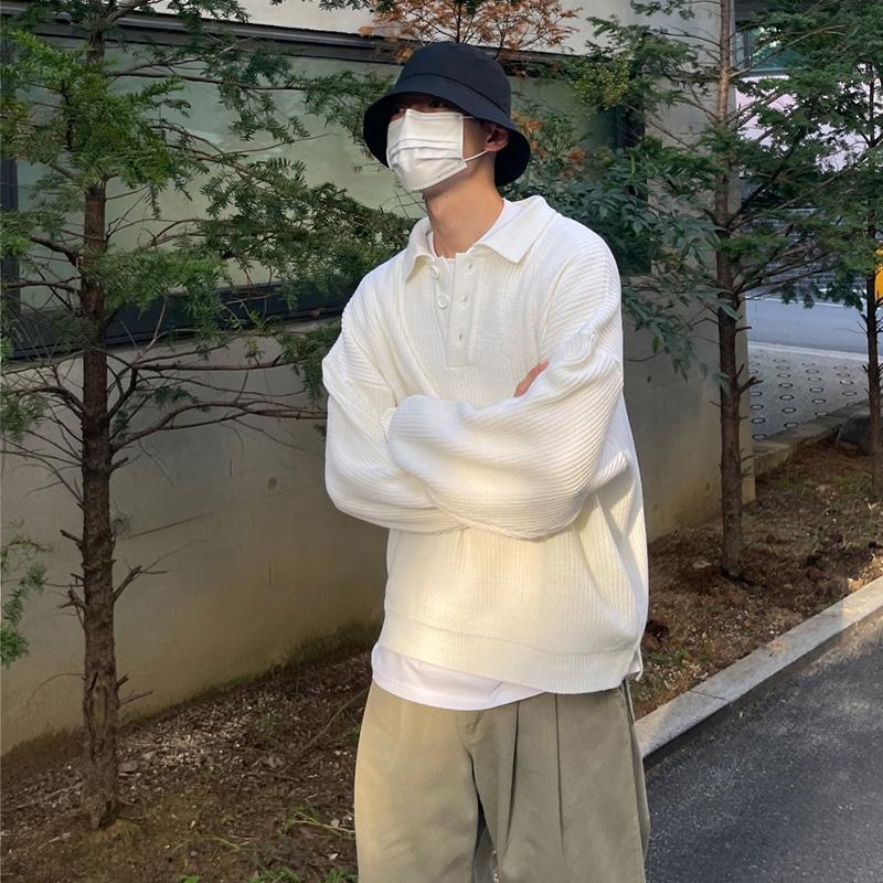 

Men's Sweaters 2021 Autumn And Winter Lapel Sweater Ins Trend Wild Student Solid Color Loose Lazy Hong Kong Style, White;black