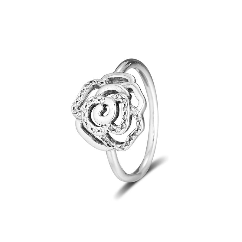 Cluster Rings Authentic 925 Sterling Silver Clear CZ Rose Floral Ring For Women Gift Wedding Jewelry Sterling-Silver-Jewelry Wholesale-image-707355484