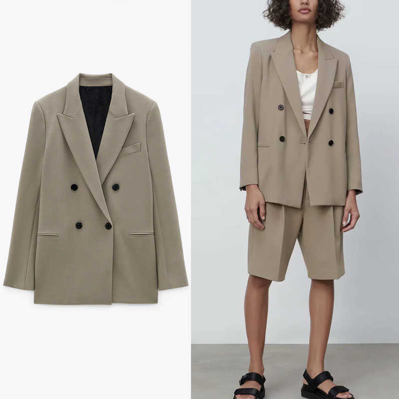 

Za Double Breasted Shoulder Pads Blazer Women Vintage Long Sleeve Office Blazers Coat Woman Patch Pockets Outerwear Top 210602