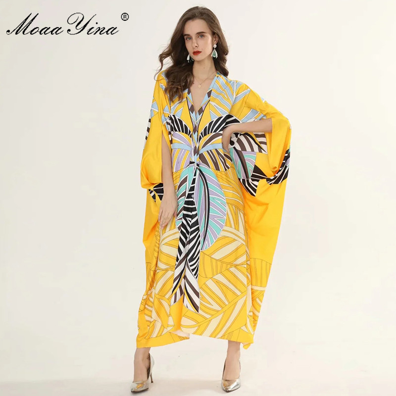 

Fashion Designer Runway dress Spring Summer Women Dress V Neck Multicolor Print Plus Size Loose Maxi Dresses 210524, Multi