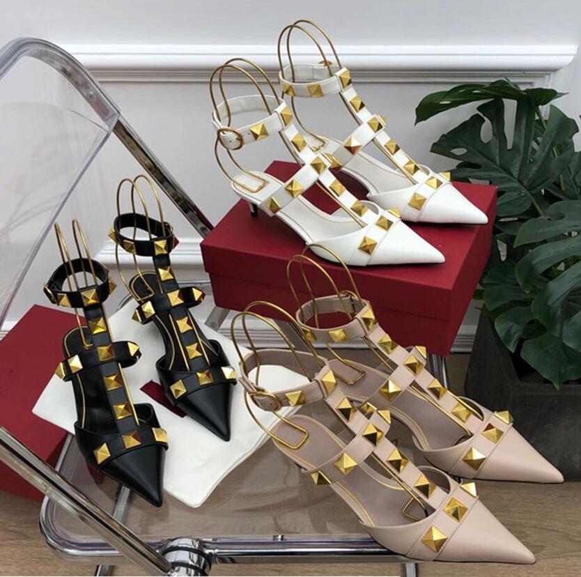 

2021 Original Designer Brands Women Fashion Slippers Top Quality Roman Stud Leather Gladiator Sandal V Metal Rivet High Heels Slipper Shoe, Black