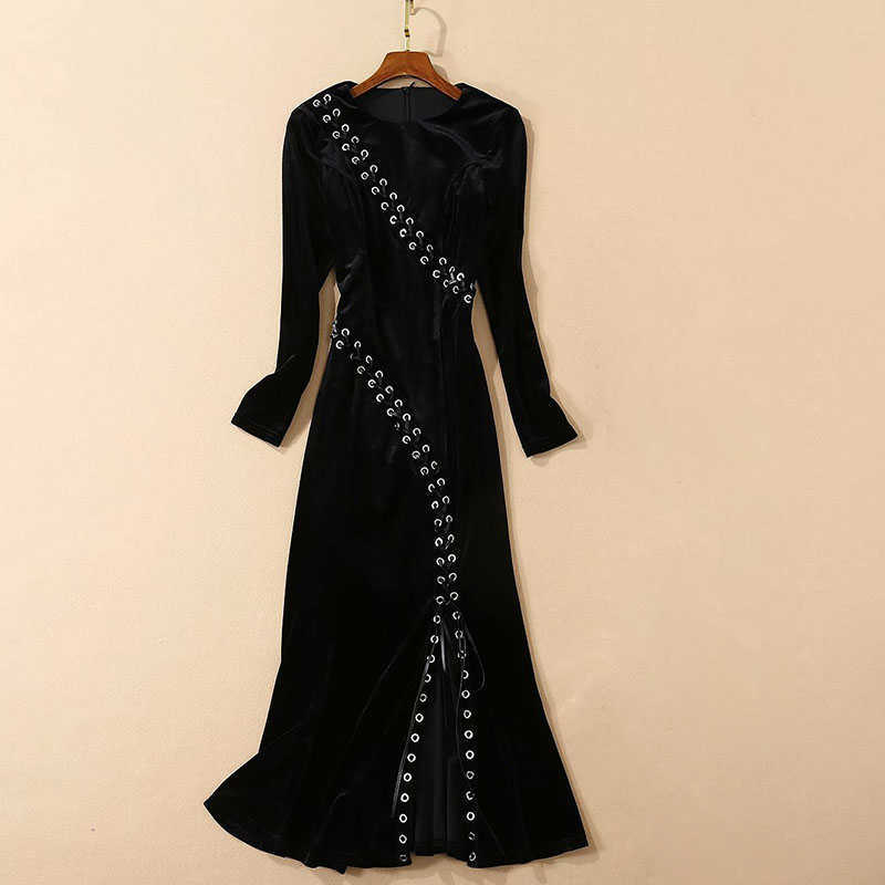 

HIGH QUALITY est Fashion Fall Runway Dress Women' O-Neck Long Sleeve HOLE Drawstring Vintage velvet 210526, Blue