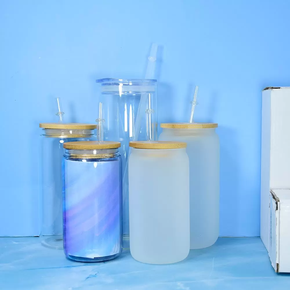 

Sublimation Glass Beer Mugs with Bamboo Lid Straw 16oz DIY Blanks Frosted Clear Can Shaped Tumblers Cups Heat Transfer Cocktail Iced Coffee Soda Glasses