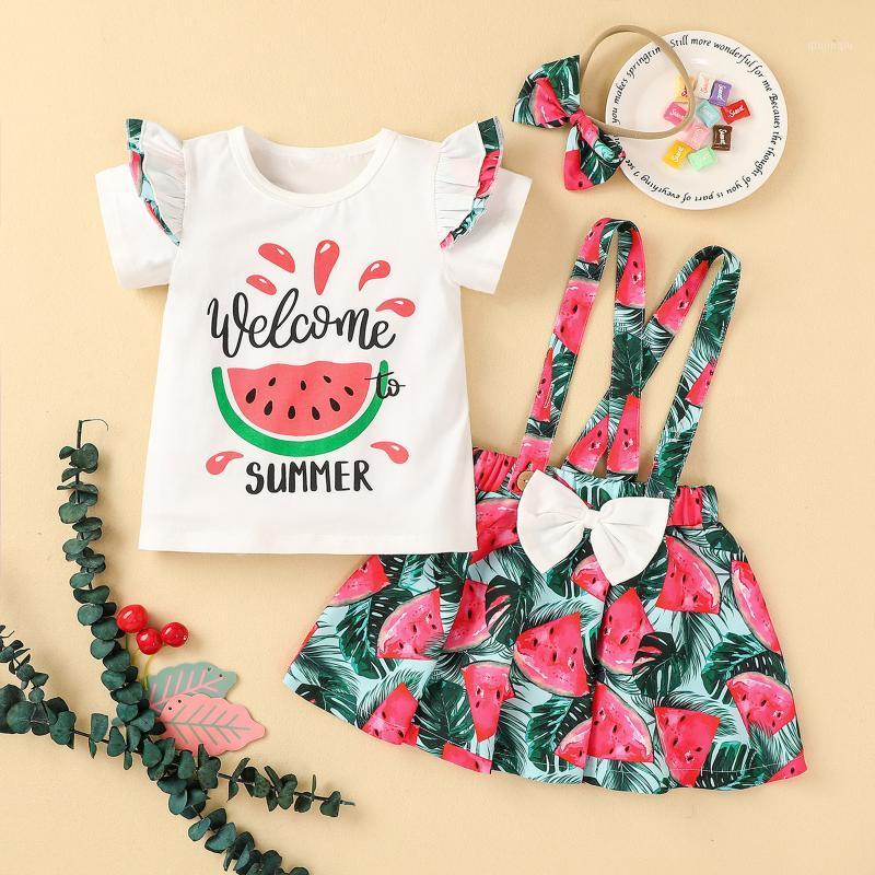 

Kids Clothing Set Baby Girl Watermelon Printing Ruffle Short Sleeve T Shirt Tops+fruit Floral Bow Suspender Skirts Clothes Sets, White