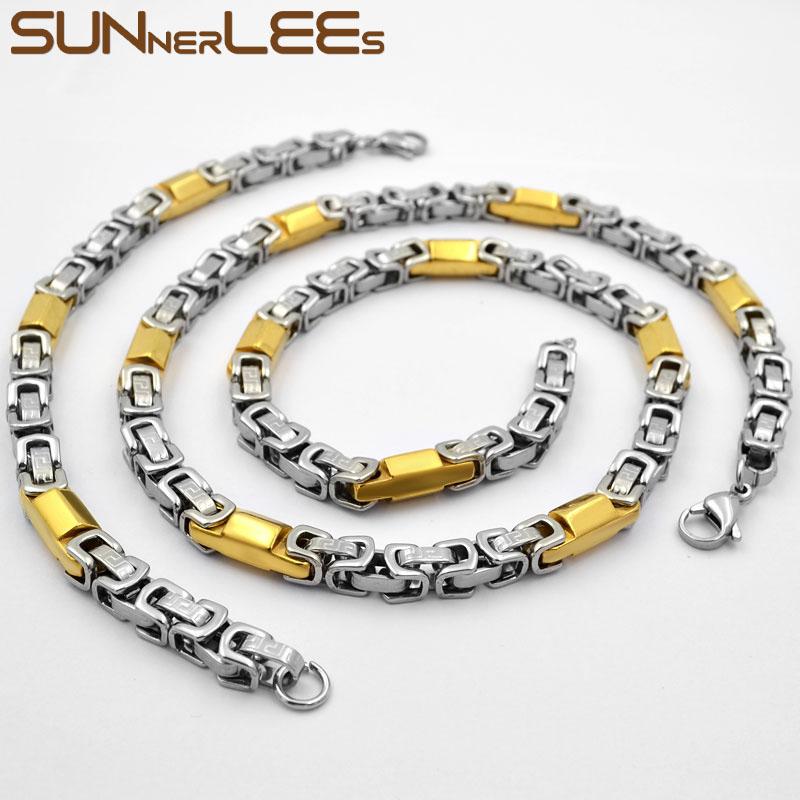 

Earrings & Necklace SUNNERLEES Fashion Jewelry Stainless Steel Bracelet Set 7mm Byzantine Link Chain Silver Color Gold Plated SC131 S, As pic