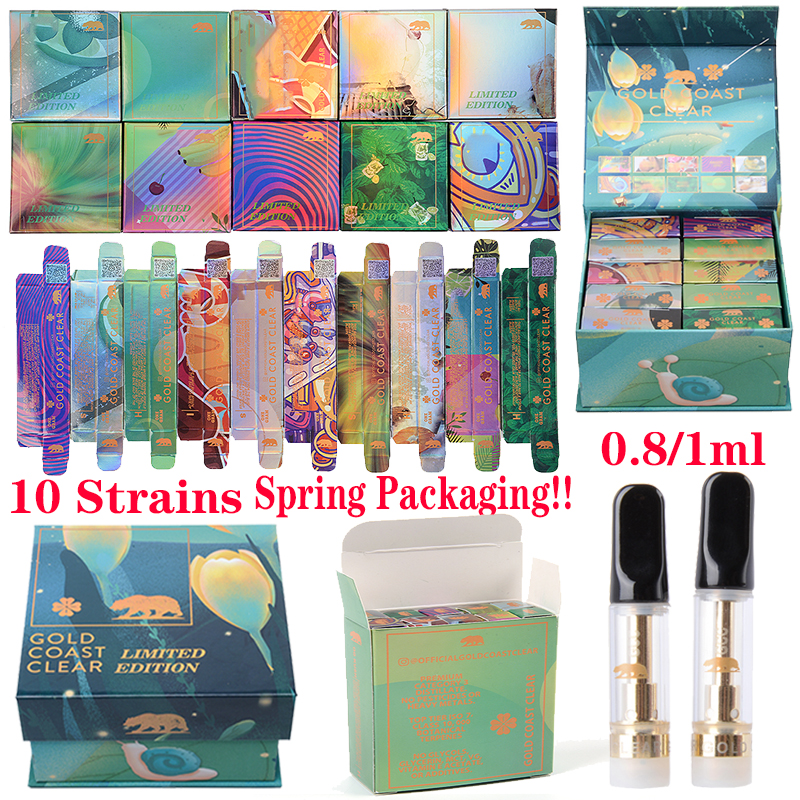 

Spring Newest Packaging GOLD COAST CLEAR Atomizer 0.8ml 1ml Empty 10 Strains Glass Tank Thick Dab Oil Wax Cartridges Vape Cartridge Ceramic Carts 510 Thread Vaporizer