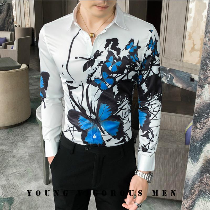 

Men's Casual Shirts Butterfly Print Men Fashion Long Sleeve Slim Fit Camisas Hombre Floral Dress Streetwear Nightclub Blouse, Black