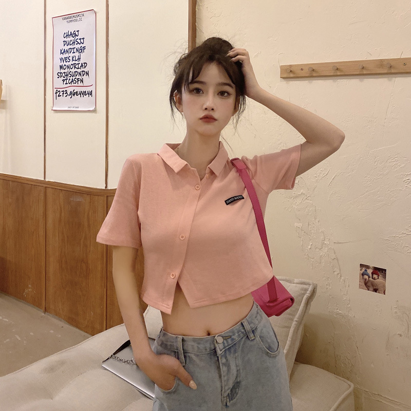 

Polo Korean Chic Summer Open Navel Design Pink High Waist Slim T-shirt Female, White