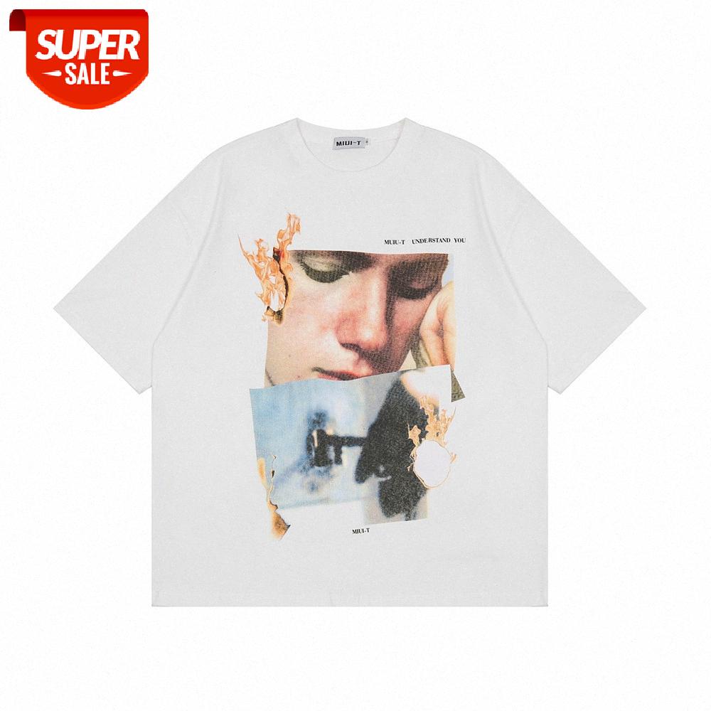 

Wind character pattern printing short-sleeved t-shirt men's street loose half-sleeved round neck #re7h, White;black