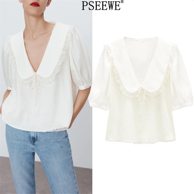 

Patchwork Lace Top Female Elegant V Neck Short Puff Sleeve Woman Blouses Summer Fashion Bow Crop Women Tunic 210519, Beige