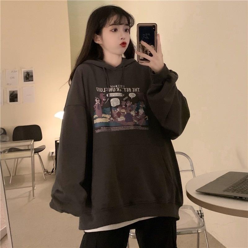 

Women's Hoodies & Sweatshirts Real S Hooded Sweater Cartoon Printed All-Matching Wide, Black