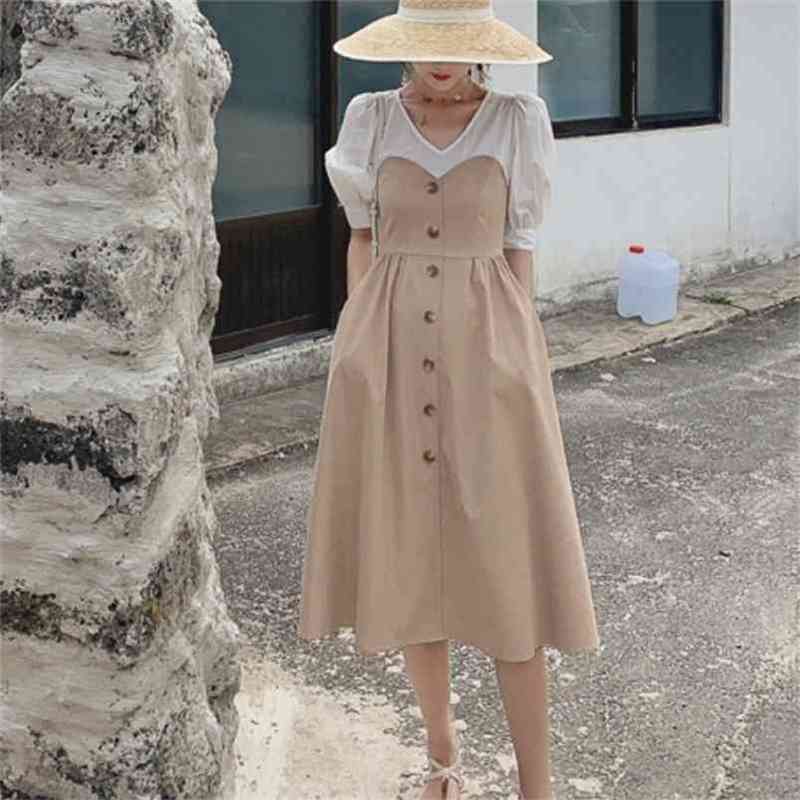 

Women Hit color patchwork V-Neck single-breasted Puff short Sleeve Dress Elegant Office Lady casual slim Dresses 210519, Picture color