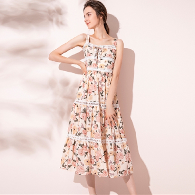 

Summer French Vintage Literature and Art Girls Holiday Dress High Quality Women Long Midi Print Chiffon Dresses 210525, Pink