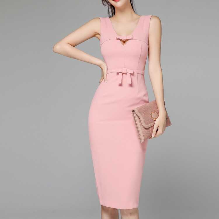

Women's dress summer Korean temperament V-neck bow tie hollow stitching slim Office Lady Polyester 210603, Pink
