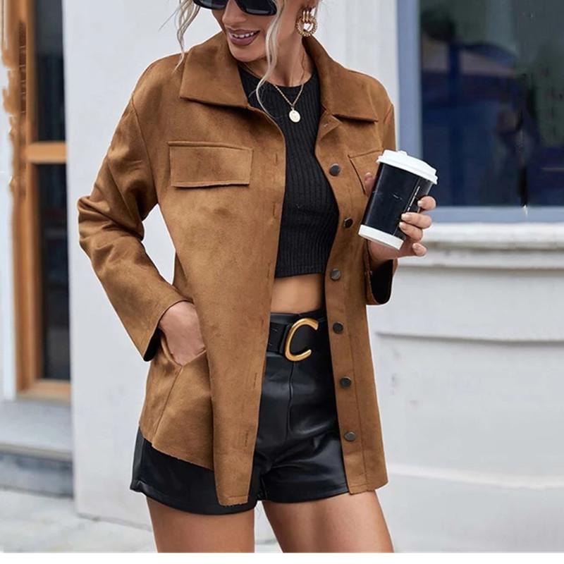 

Women's Leather & Faux 2021 Autumn Suede PU Jacket Women Overshirt Winter Coat Casual Shirt Ladies Button Pocket, Black