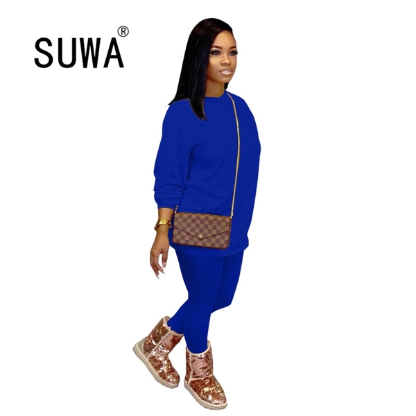 

two piece set for female women's solid color long sleeve o-neck and pants autumn winter suit clothing matching sets, Gray