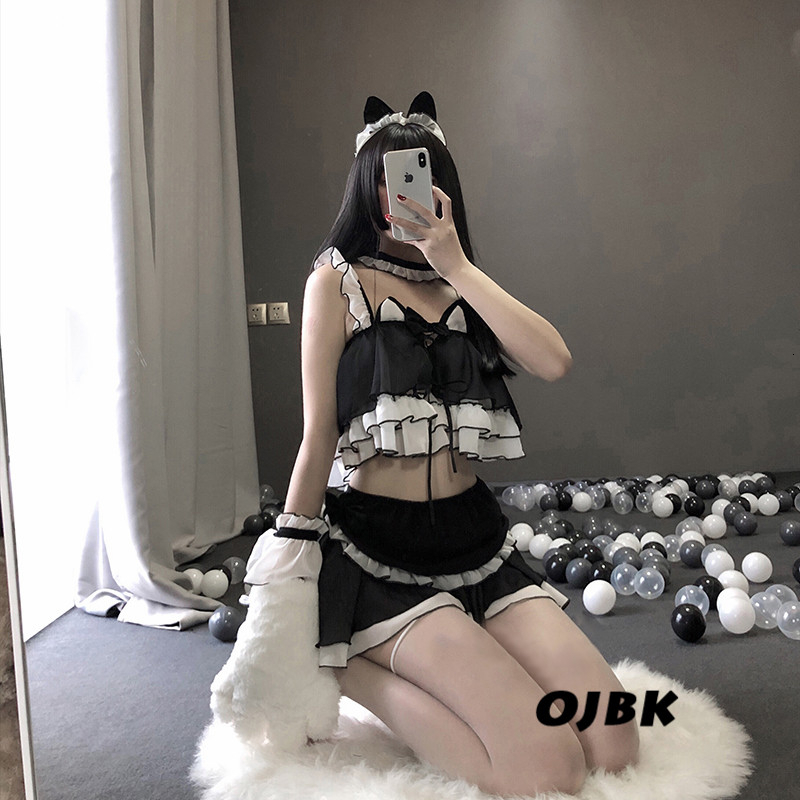 

Lolita Cute Cat Girl Sexy Maid Uniform Transparent Lingerie Schoolgirl Womens Devil Cosplay Costumes Anime Underwear Outfit, Red
