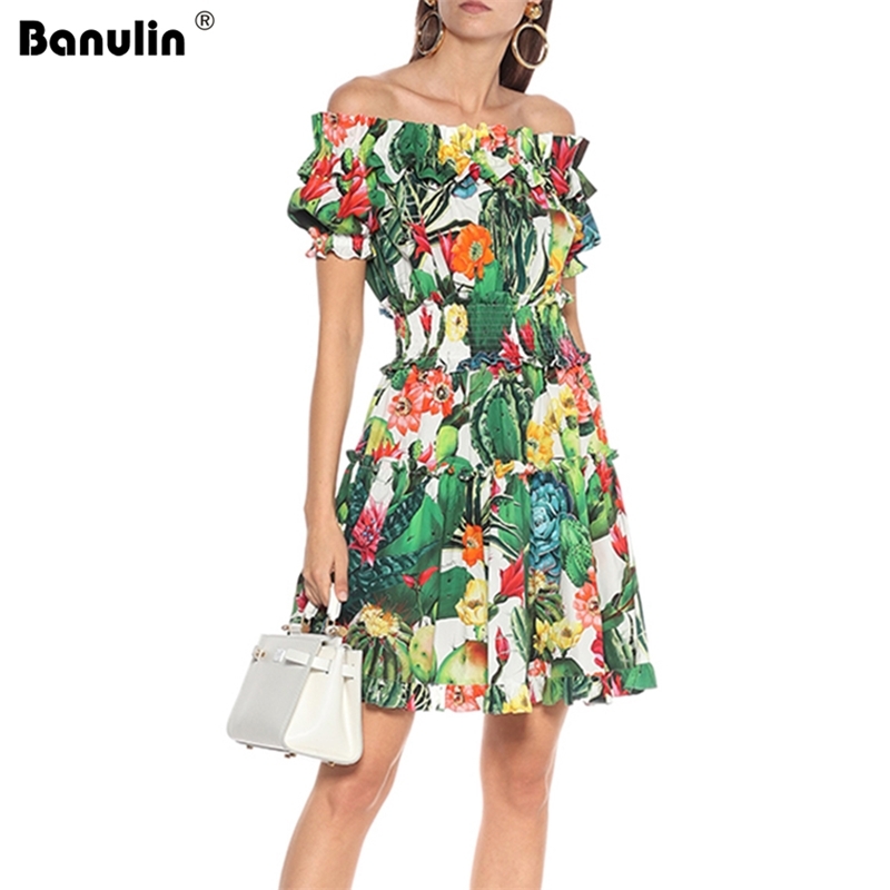 

Summer Runway Off Shoulder Beach Dress Women' Slash Neck Puff Sleeve Jungle Print Elastic Waist Short Mini Vestidos 210603, Green (0.36 kg)