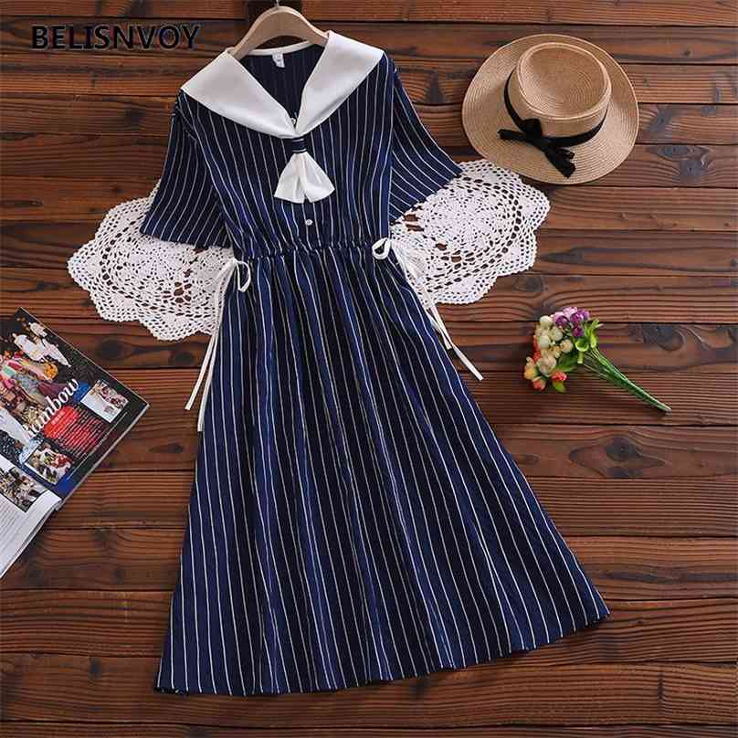 

Mori Girl Summer Vintage Kawaii Dresses Ins Chic Sailor Collar Striped Midi Dress Female Sweet Harajuku Punk Clothes For Women 210520, Orange