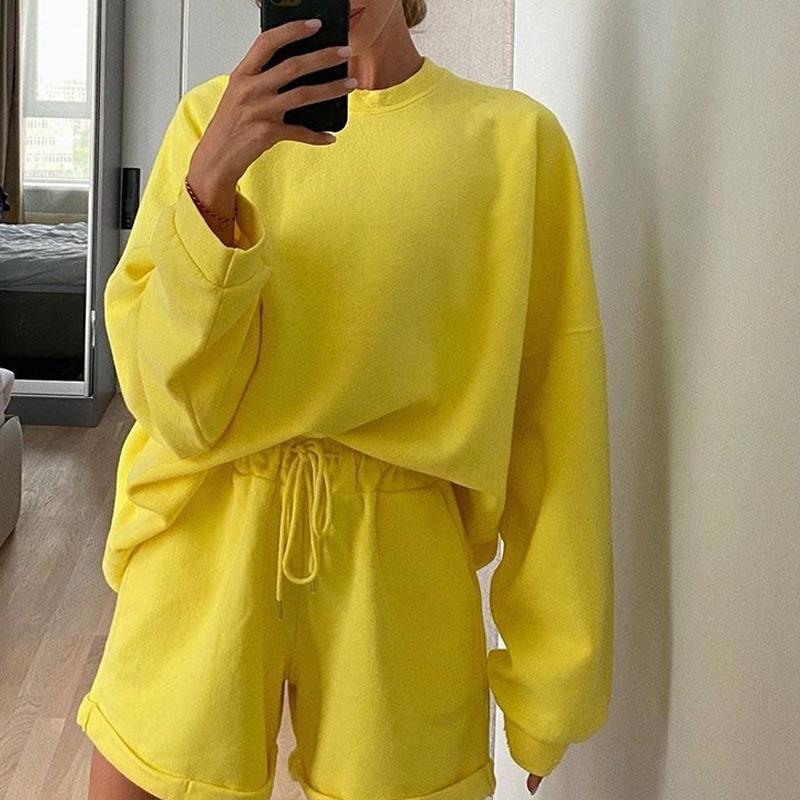 

Women' Tracksuits Knitted O-neck Sweater Women Sets Pullover Solid Long Lantern Sleeve Sweaters Drawstring Short Pants 2 Piece Winter Femal, White