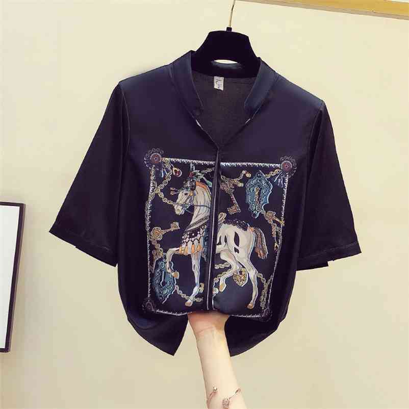 

Summer Women's V Neck Short Sleeves Print Casual Chiffon Shirts Female Shirt Blouse Tops A3505 210519, White
