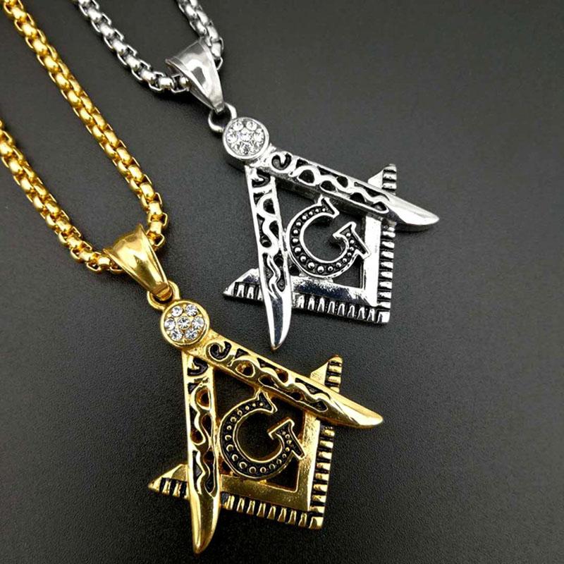 

Pendant Necklaces Hip Hop Necklace Iced Out Mason Pendants Gold Color Stainless Steel Chain For Women/Men Masonic Symbol Jewelry