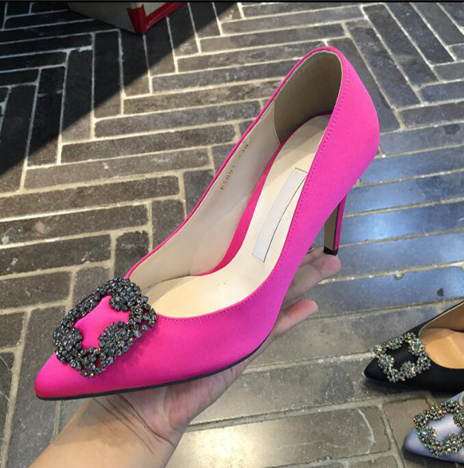 

dress shoes classics brand pumps women high heel wedding 10cm square buckle drill red high-heeled with thin 35-42 w2wa, Black