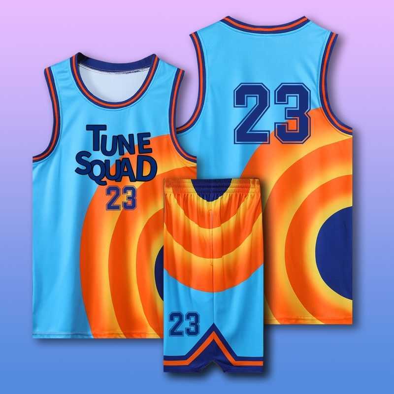 

Costume Space Jam JAMES 23# Movie Tune Squad Basketball Jersey Set Sports Air Slam Dunk Sleeve Shirt Singlet Uniform Custom Name, Black;white