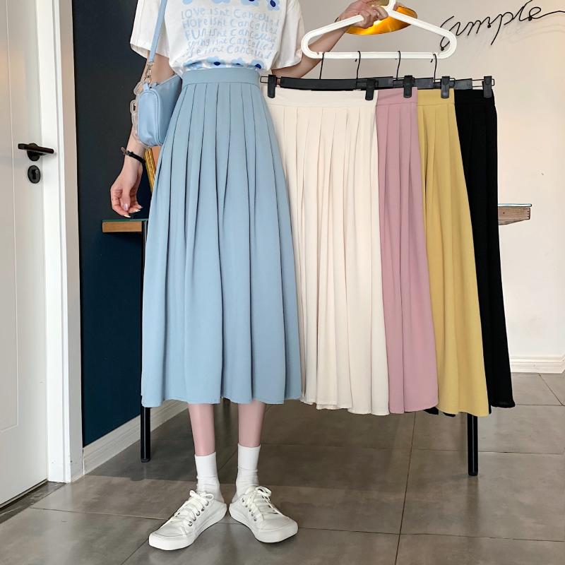 

Skirts Womens Skirt Vintage Solid Color Pleated Elastic High Waist Casual Midi Women Clothes Office Ladies, White