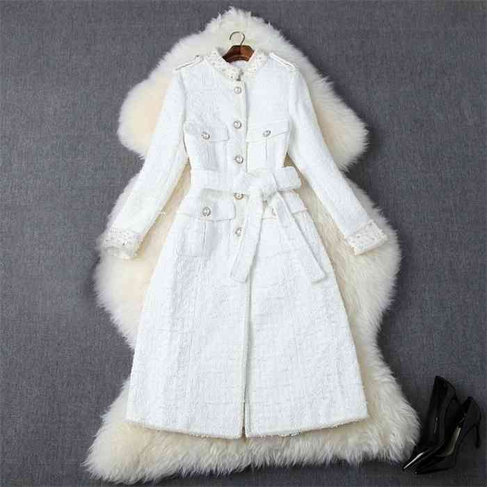 

Women's Trench Coats Fall Autumn White Black Long Sleeve Stand Collar Tweed Beads Belted Single-Breasted Outwear Coat Casual Fashion