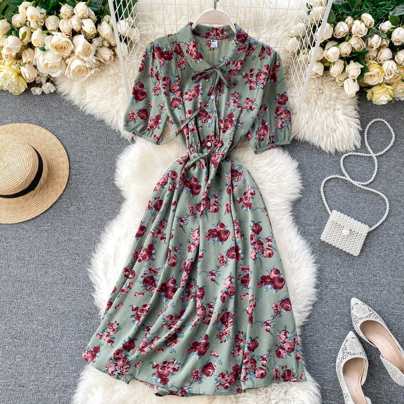 

Vintage Floral Print Dres Slim Button Midi es Summer Elegant A-line Party Woman Casual Long Robe 210602, White red floral