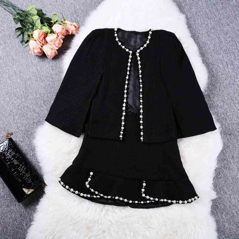 

Winter Spring Runway Cardigan Cape Style beaded jacket Femme Coat +Short Ruffles Skirt 2 Pcs Women Black Beading Set 210525, Picture color