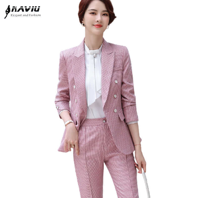 

Pink Plaid Suit Fashion Professional Temperament Spring High End Slim Two Piece Office Ladies Casual Work Wear 210604, Pink coat and pants