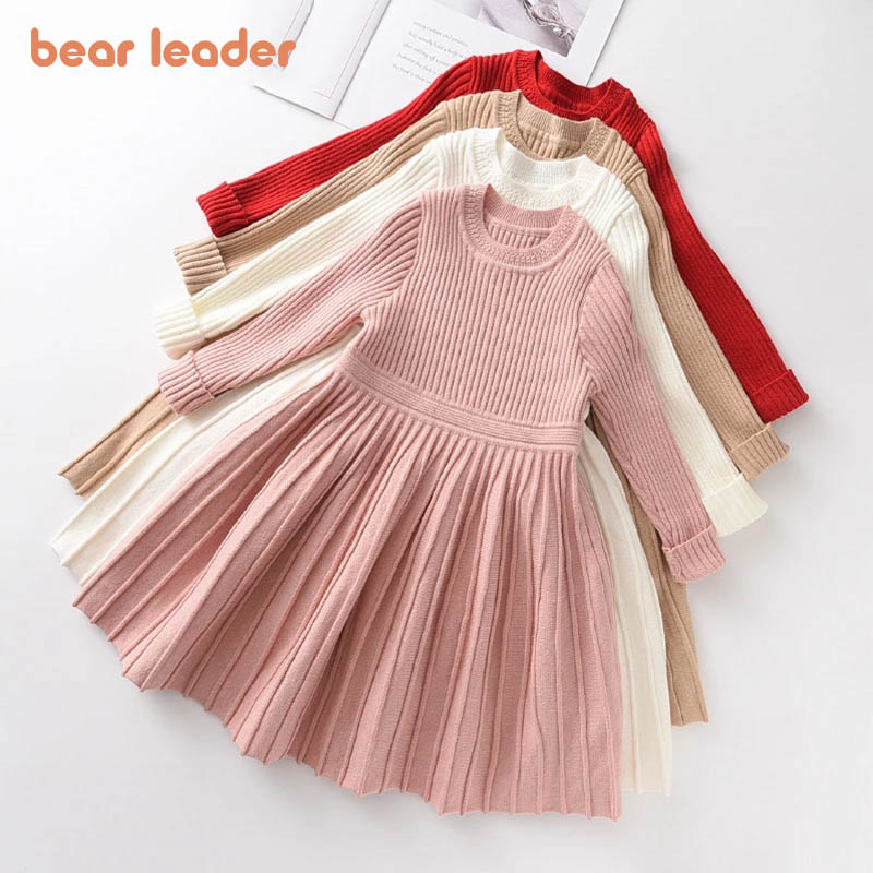 

Bear Leader Long Sleeve Sweater Dress Girls Princess Baby Girl Clothes Sweet Tutu Party Dresses Christmas Little Girl Clothes, Red;yellow
