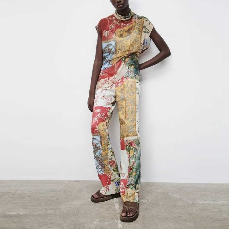 

Summer Blouse and Pants Womens Outfit Set Sleeveless Chiffon Shirt Vintage Floral Outfits For Women 210525, Tops