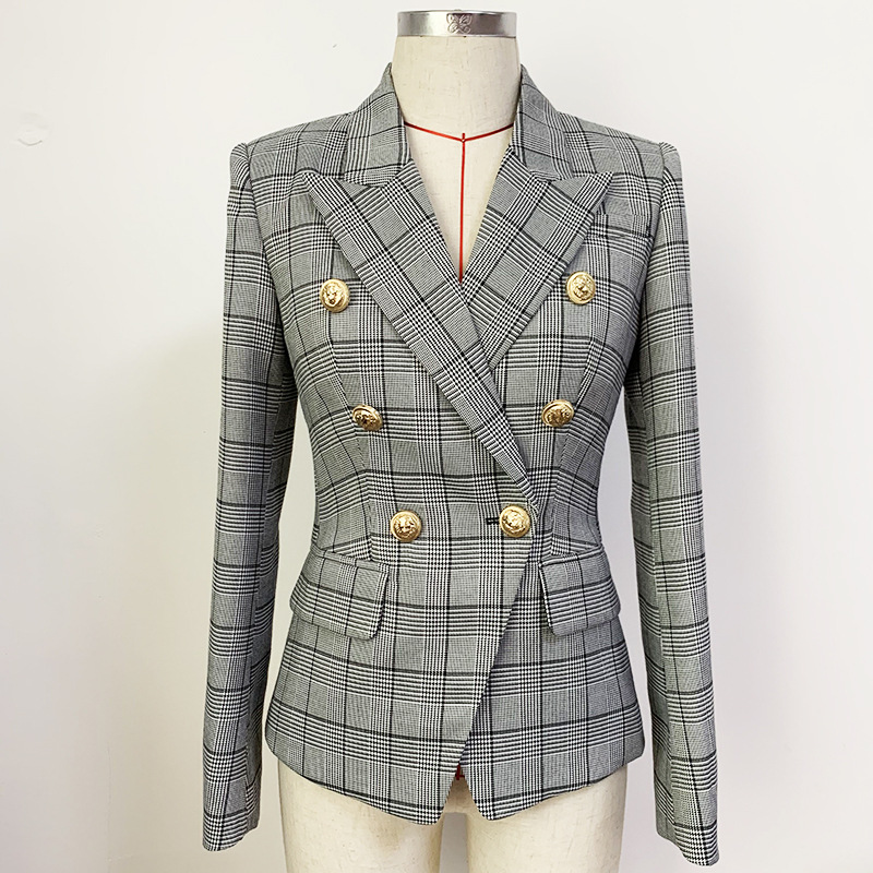

Classic Style Top Quality Original Design Women's Checkered Blazer Double-Breasted Plaid Blazers Flattering Jacket Metal Buckles Slimming Coat, Gray