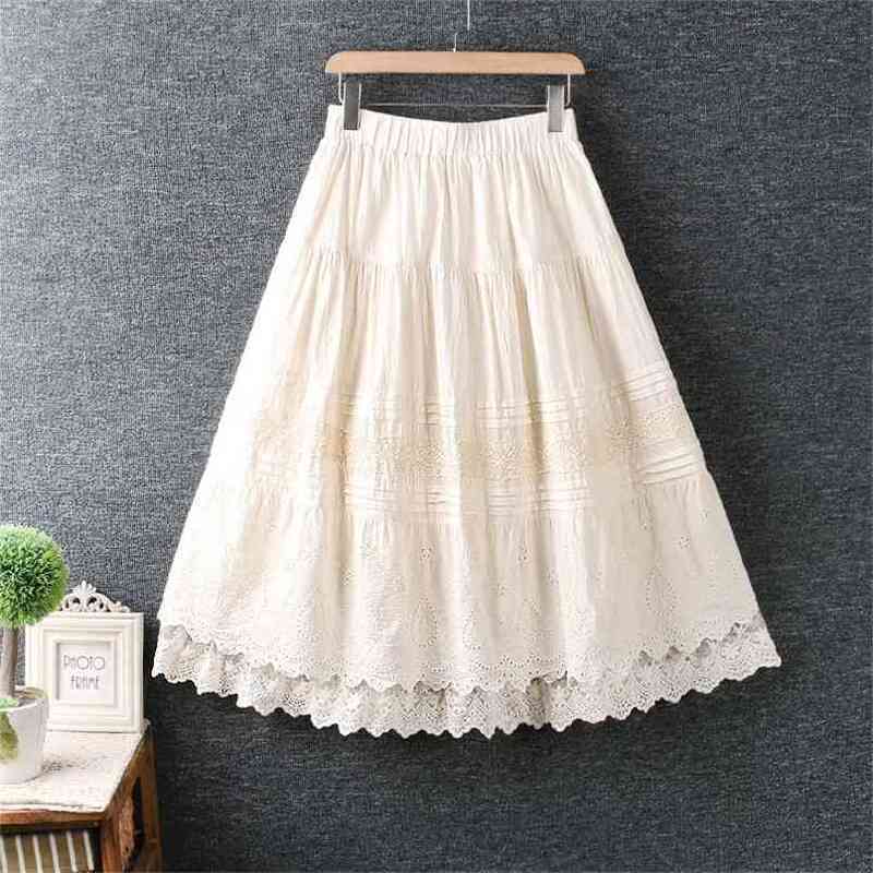 

cotton plus size vintage floral embroidery high waist summer casual loose long for woman skirts womens skirt clothes 210517, Beige